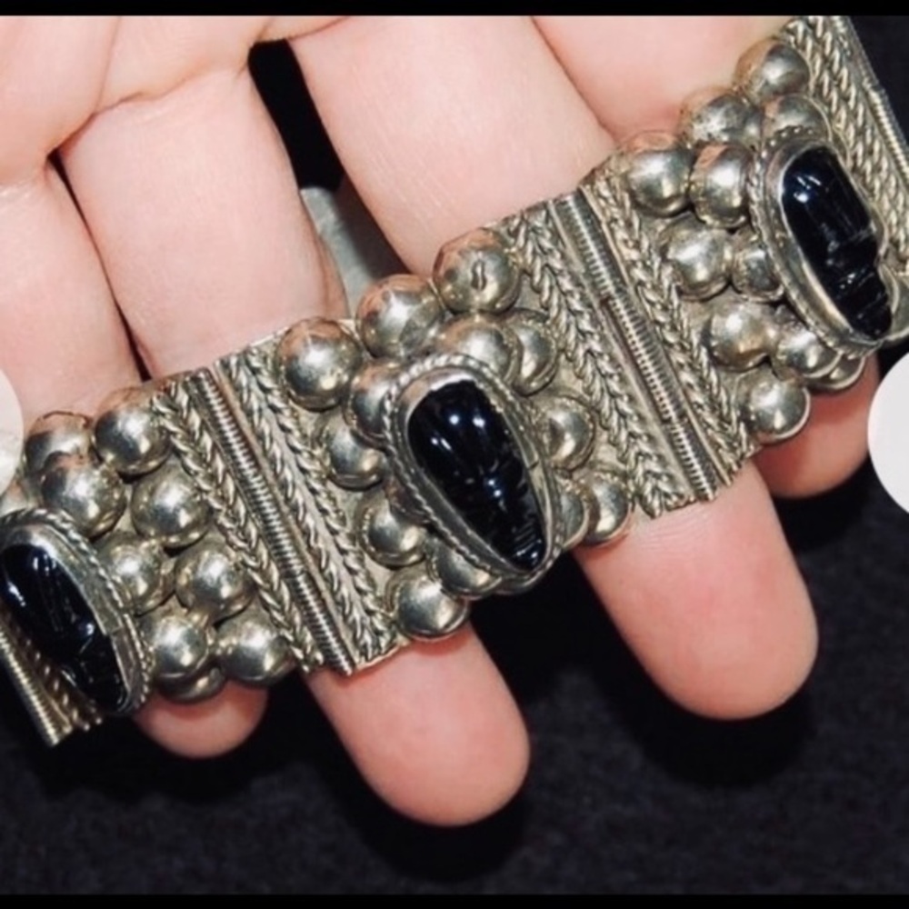 Vintage Mexico 925 Silver Bracelet with Black Onyx Heads